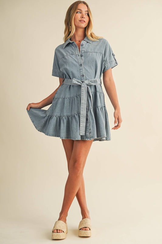 RUFFLE TIERED DENIM DRESS