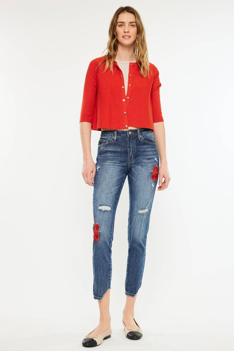 HIGH RISE ANKLE SKINNY WITH FLORAL EMBROIDERY - Southern Sassy Boutique