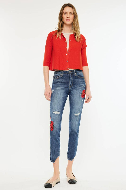 HIGH RISE ANKLE SKINNY WITH FLORAL EMBROIDERY - Southern Sassy Boutique