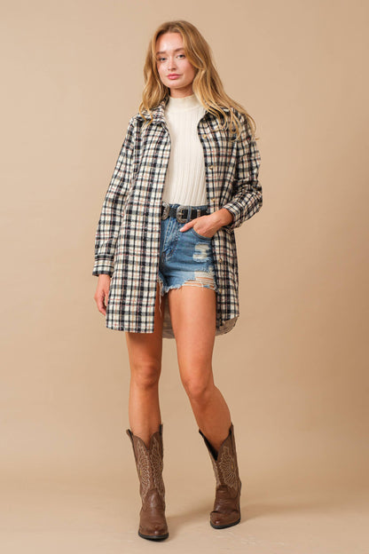 Yarn Dyed Plaid Metallic Wool Blend Button Jacket