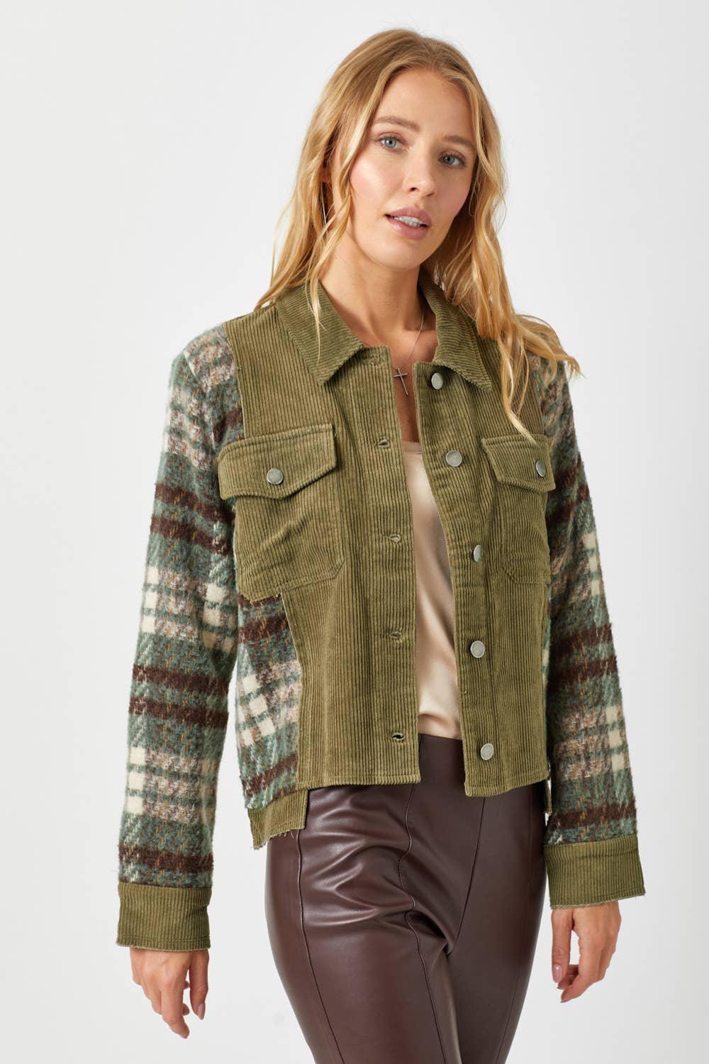 Plaid Sleeve Corduroy Jacket - Southern Sassy Boutique
