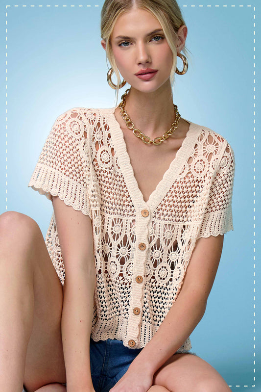 Open Knit Scallop Edge Button Down Cardigan