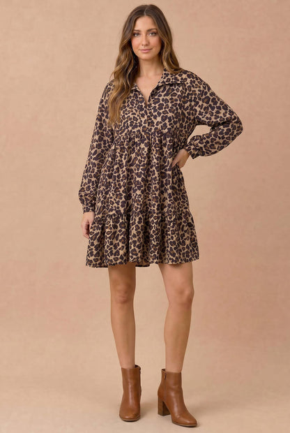 Leopard Notch Neck Babydoll Woven Dress