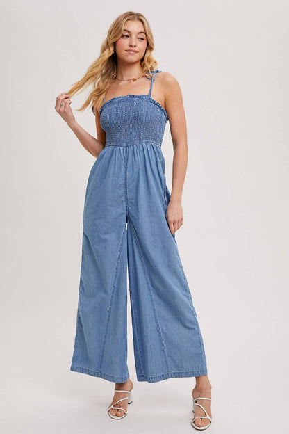DENIM SMOCKED STRAP WIDE LEG JUMPSUIT