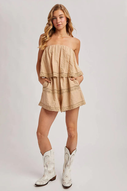 STRAPLESS EMBROIDERED TRIM ROMPER - Southern Sassy Boutique