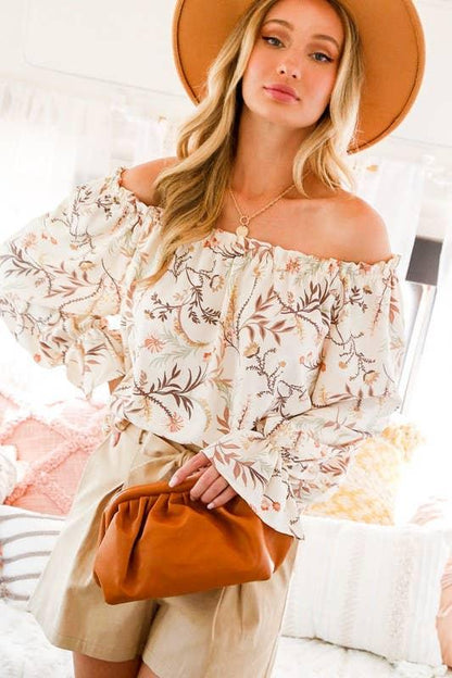Floral Eyelet Lace Tie Front V-Neck Long Puff Blouse Top Off Shoulder Woven Blouse Top - Southern Sassy Boutique
