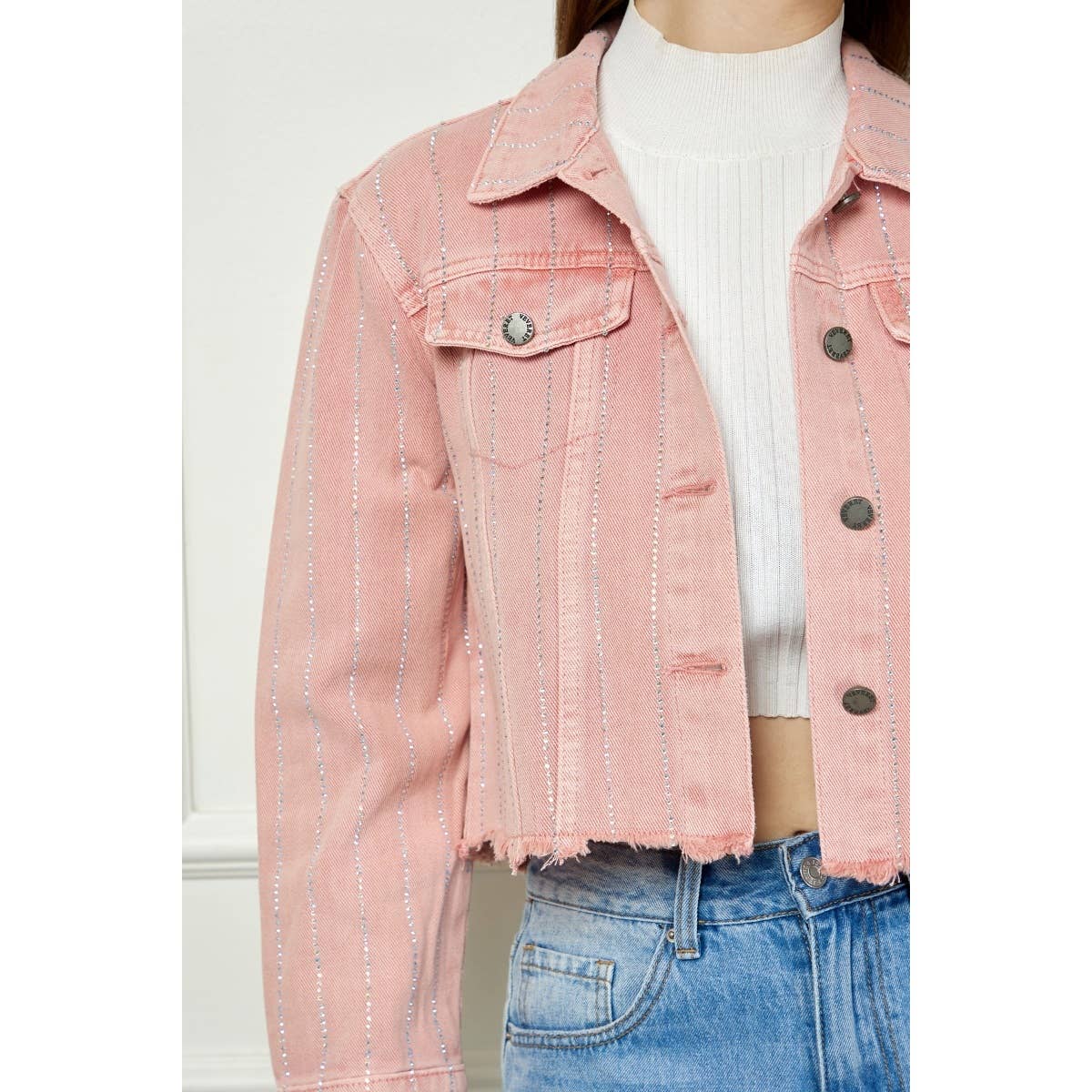 Stripe Rhinestone Distressed Color Denim Jacket - Southern Sassy Boutique