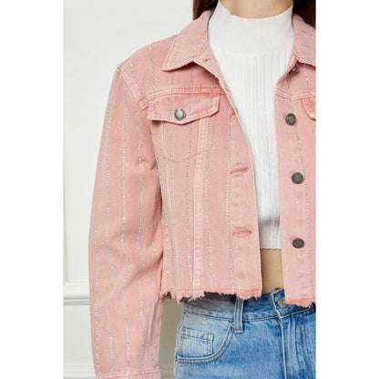 Stripe Rhinestone Distressed Color Denim Jacket - Southern Sassy Boutique