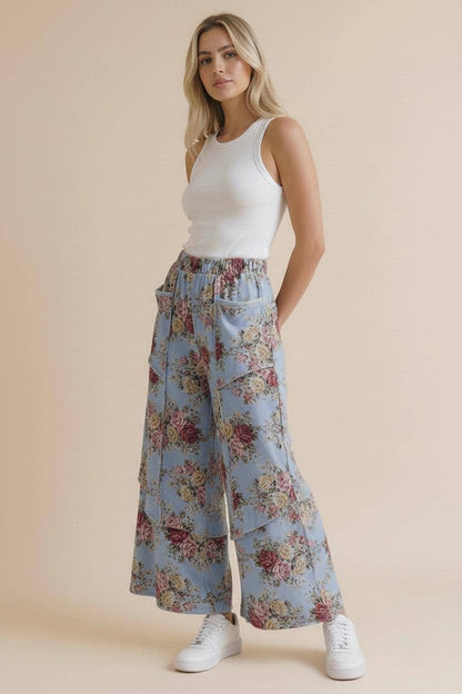 Elastic Waist Wide Leg Vintage Floral Pant