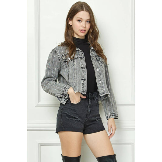 Stripe Rhinestone Distressed Color Denim Jacket - Southern Sassy Boutique