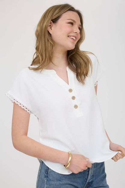 SCALLOP LACE TRIM SHORT SLEEVE HENLEY TOP - Southern Sassy Boutique