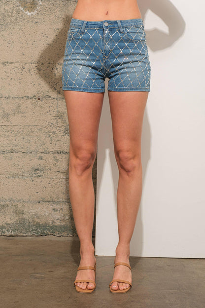 High Rise Rhinestone Studs Denim Shorts - Southern Sassy Boutique