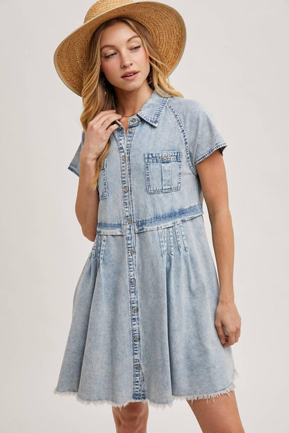 DENIM BUTTON DOWN SHIRT MINI DRESS - Southern Sassy Boutique