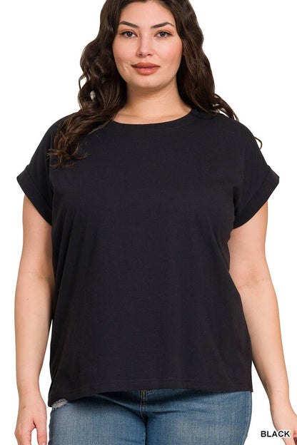 Plus Round Neck Folded Short Sleeve T Shirt