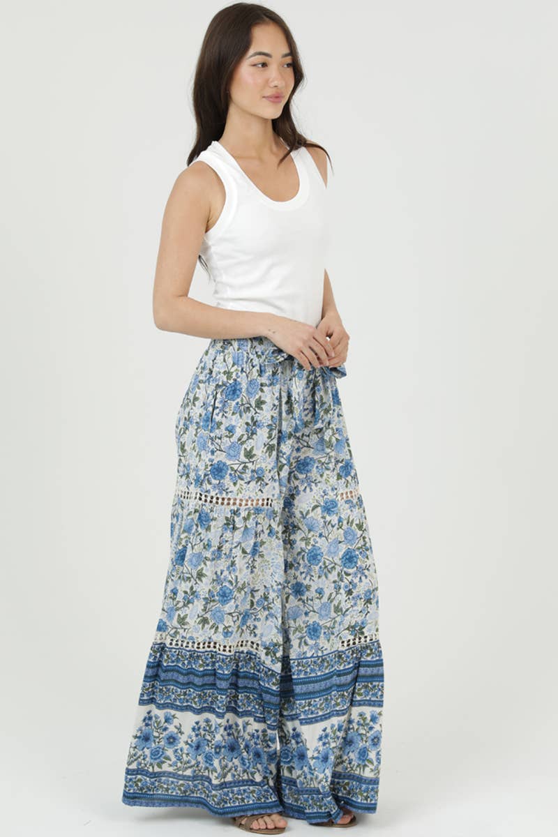 Boho Printed Wide Leg Tie Waist Pants with Lace
