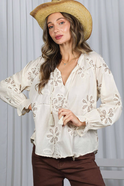 Floral Embroidered 100% Cotton Elegant Blouse VT83071 - Southern Sassy Boutique