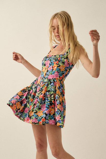 Floral Satin Sleeveless Sweetheart Tiered Ruffle Romper