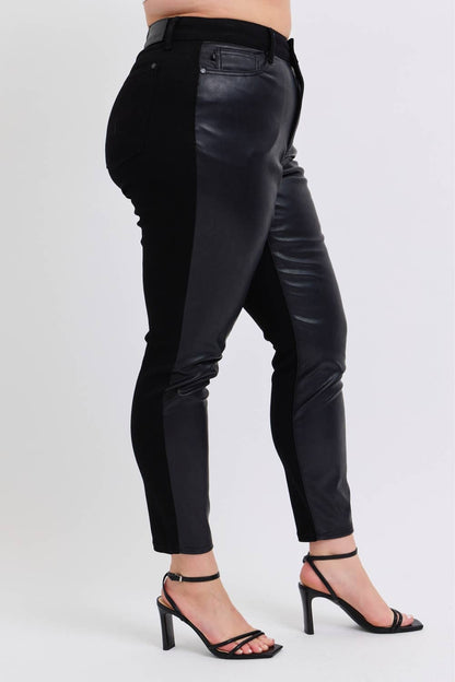 High Waisted Faux Leather & Denim Skinny