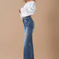 High Rise Front Slit Flare Distressed Denim