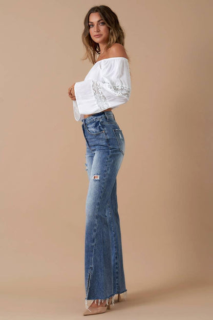 High Rise Front Slit Flare Distressed Denim - Southern Sassy Boutique