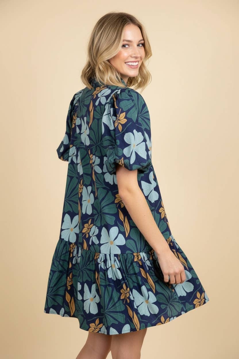 Botanical Print Puff Sleeve Tiered Mini Dress