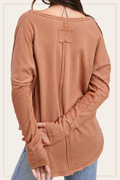 Textured Fabric Contrast Terry Long Sleeve Top - Southern Sassy Boutique
