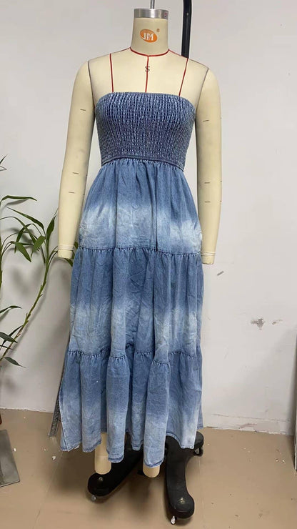 Off-Shoulder Hem Slit Jean Dress - Southern Sassy Boutique