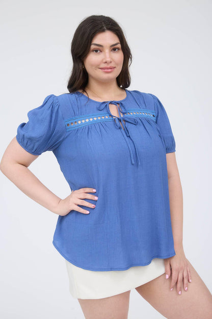 PLUS EYELET LACE TRIM DOUBLE FRONT TIE TOP - Southern Sassy Boutique