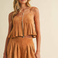 SUEDE PLEATED SLEEVELESS TOP AND SHORTS SET
