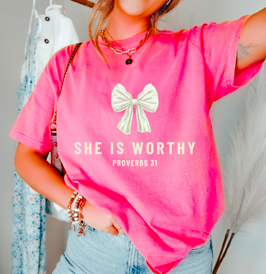 She Is Worthy Coquette Bow Graphic Tee Faith Christian   