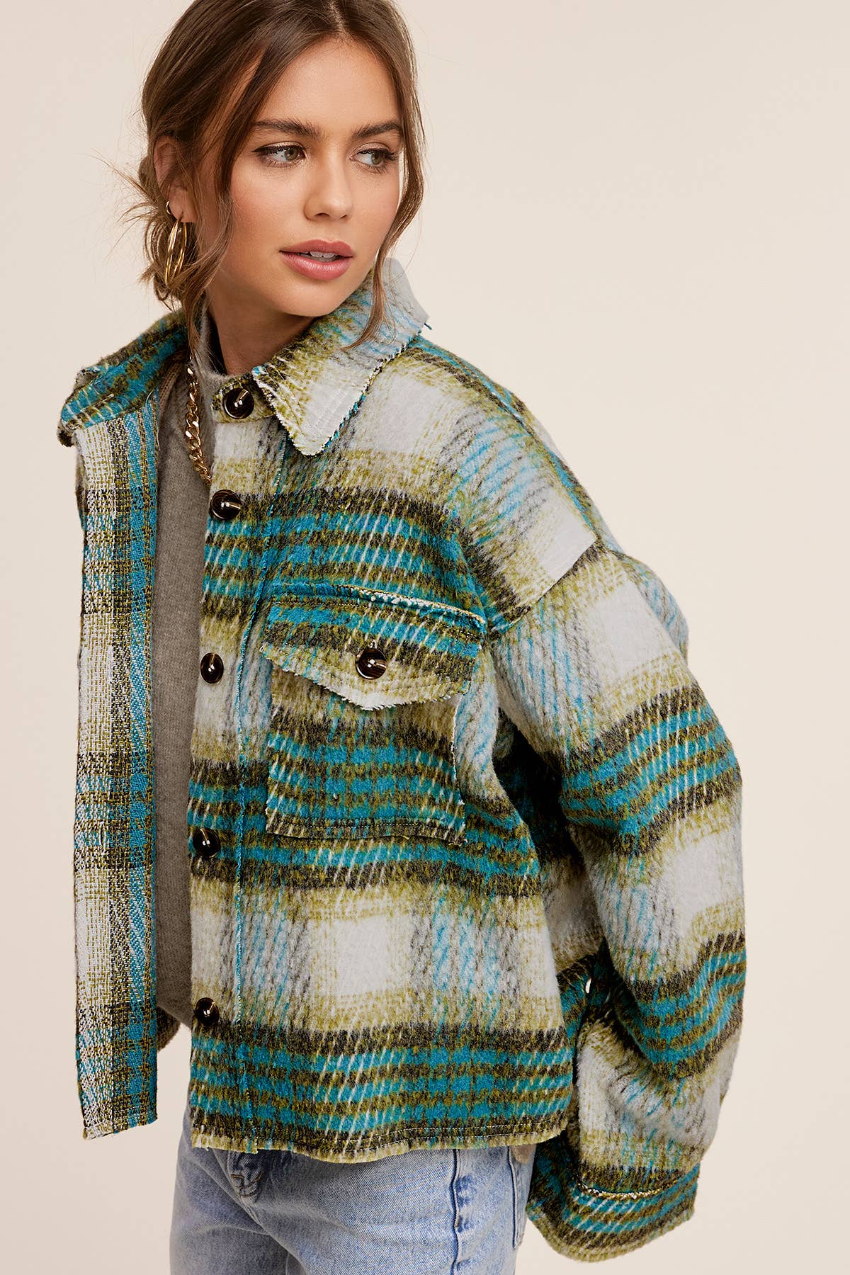 Plaid Patterned Soft Brushed Button-Down Jacket