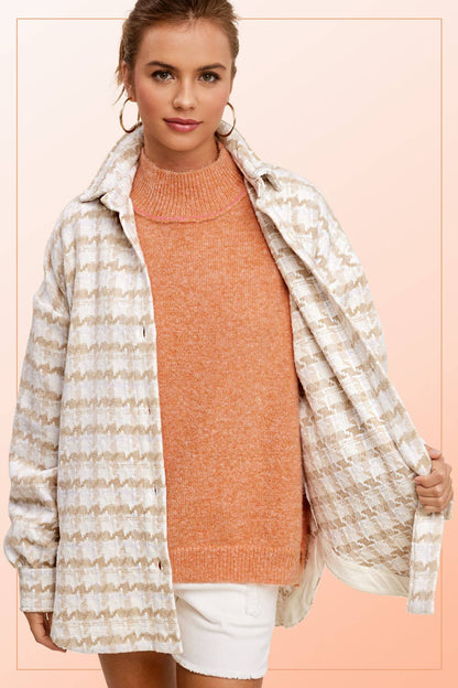 Oversized Houndstooth Patterned Soft Brushed Shacket