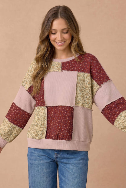 Mixed Print Color Block Patchwork Knit Top