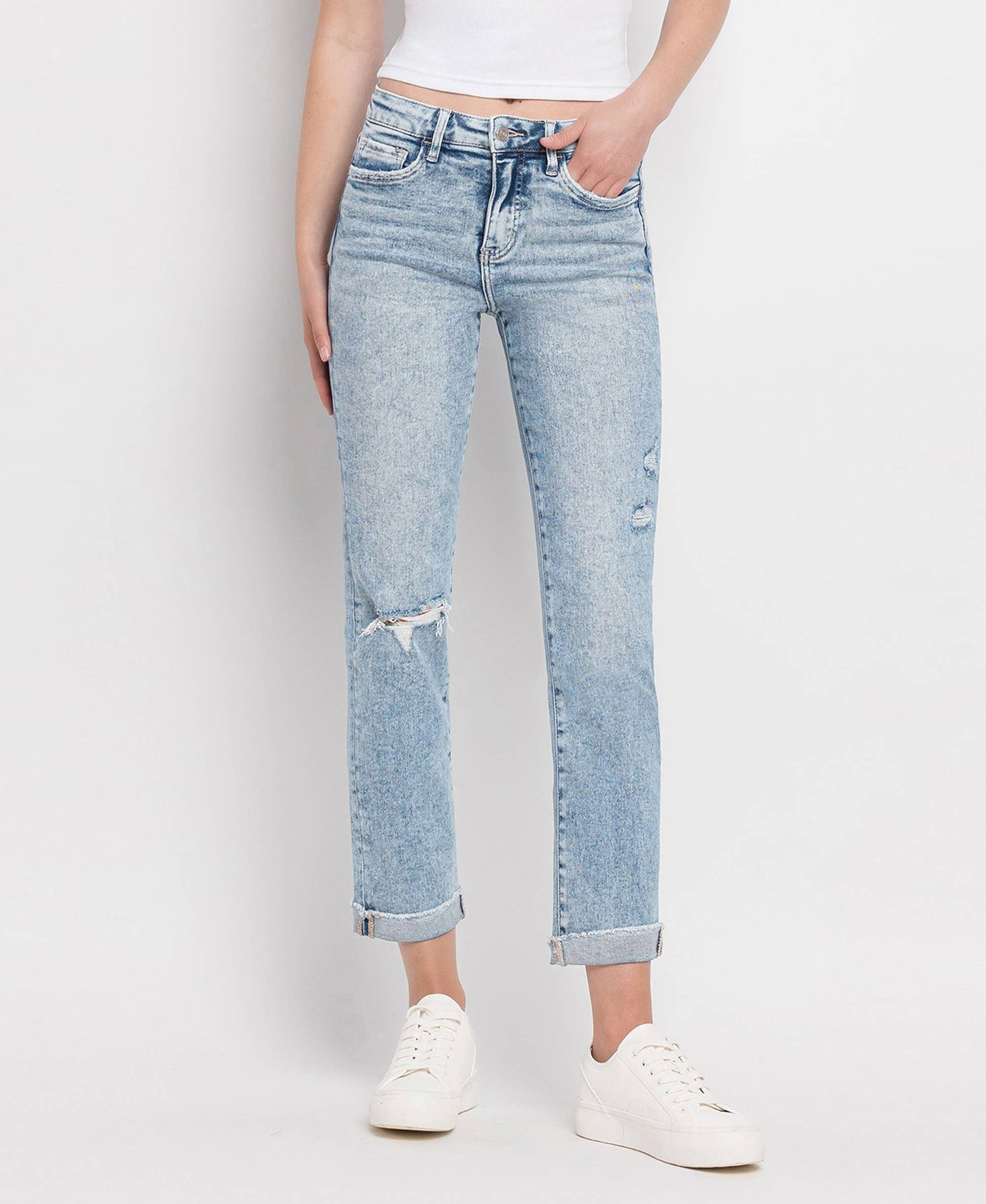 TUMMY CONTROL HIGH RISE CUFF SLIM STRAIGHT JEANS - Southern Sassy Boutique