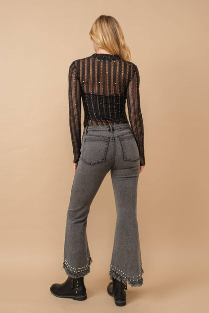 Destressed Bottom Edge w/ Rhinestone Jeans - Southern Sassy Boutique