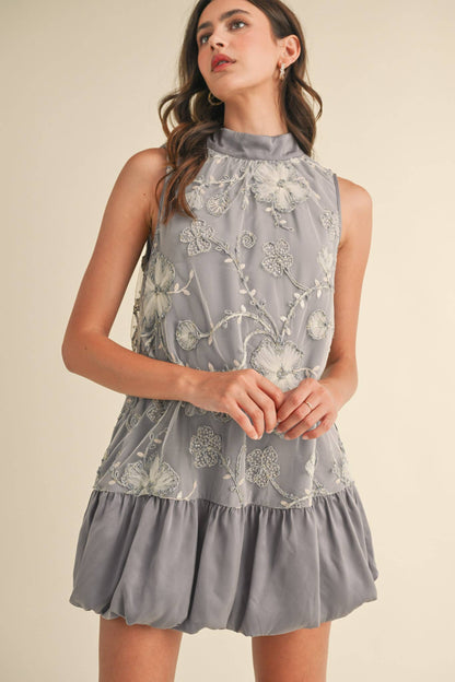 BUBBLE HEM EMBELLISHED MIXED MEDIA MINI DRESS