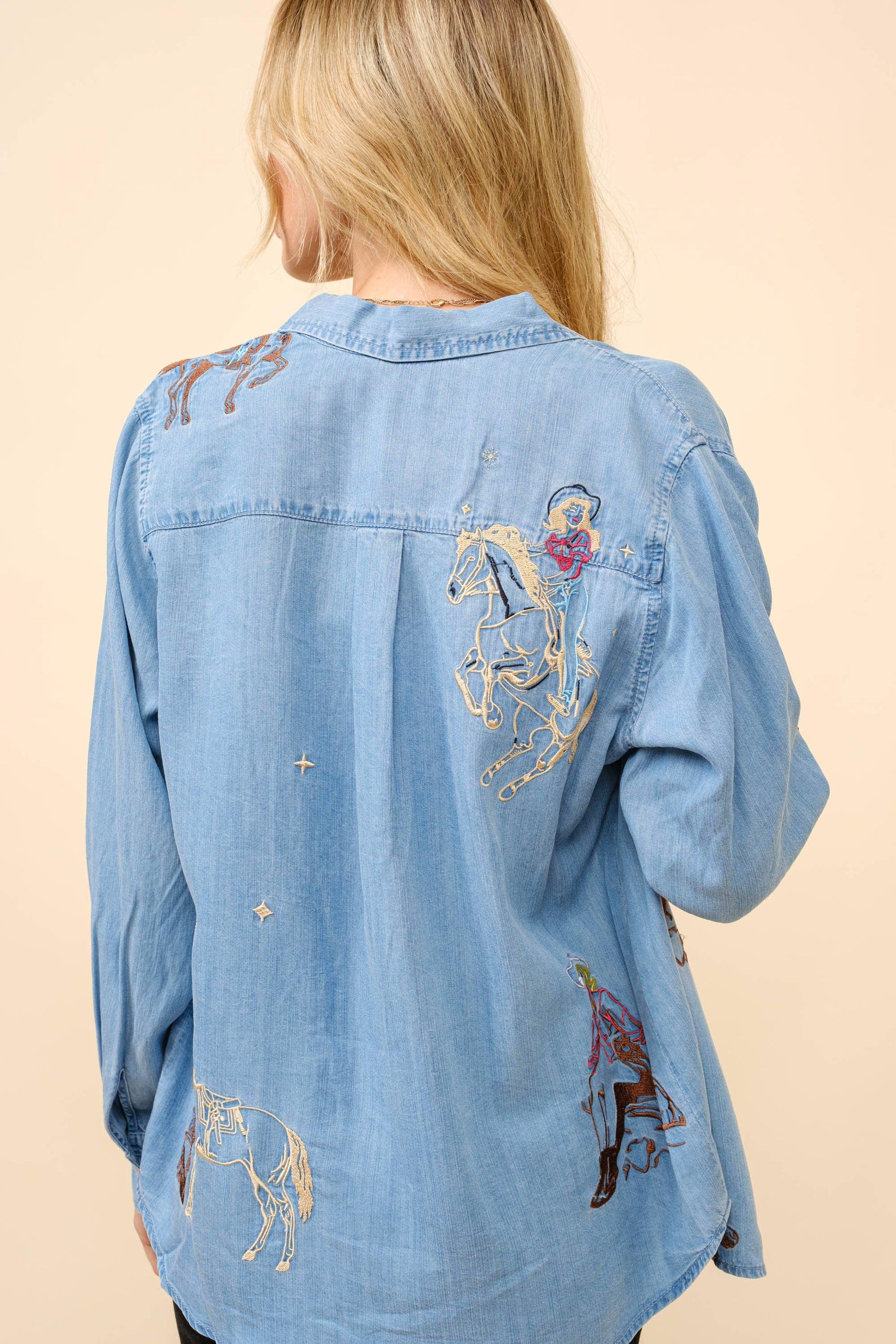 Western Motif Embroidered Tencel Shirt - Southern Sassy Boutique