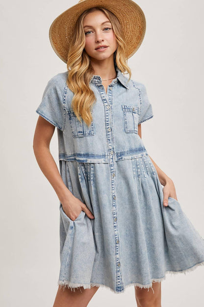 DENIM BUTTON DOWN SHIRT MINI DRESS - Southern Sassy Boutique
