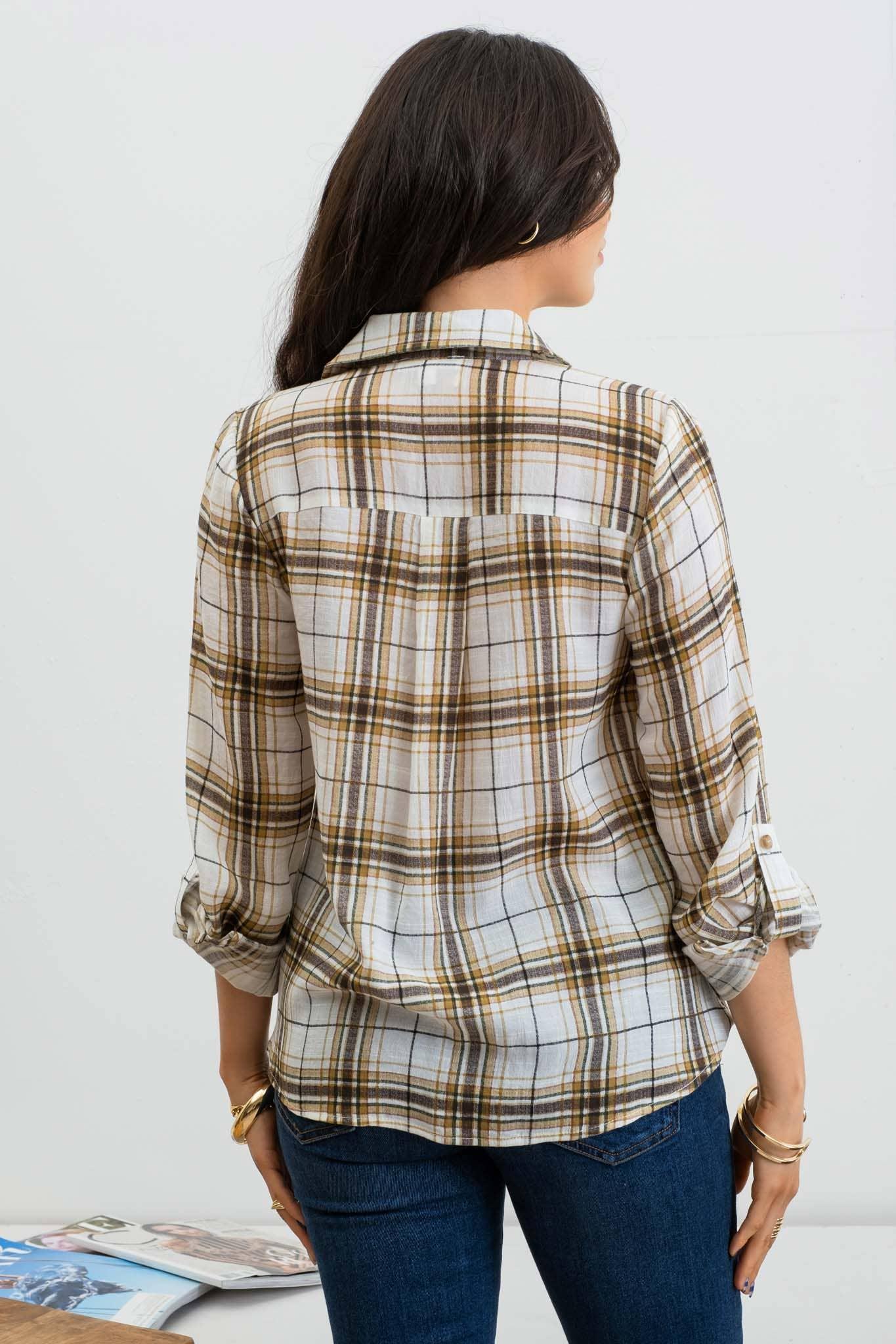 PLAID DRAPED ROLL TAB SLEEVE TOP - Southern Sassy Boutique