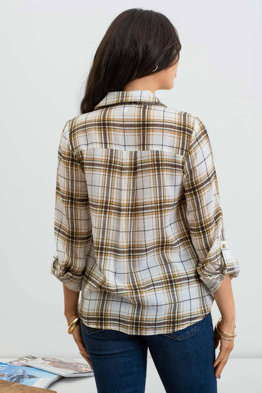 PLAID DRAPED ROLL TAB SLEEVE TOP - Southern Sassy Boutique