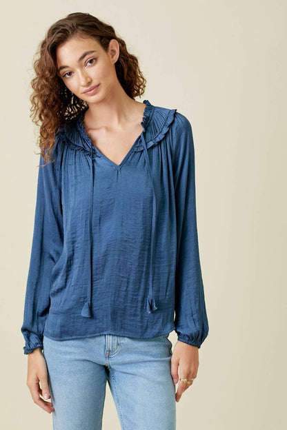 Ruffled Satin Blouse - Southern Sassy Boutique