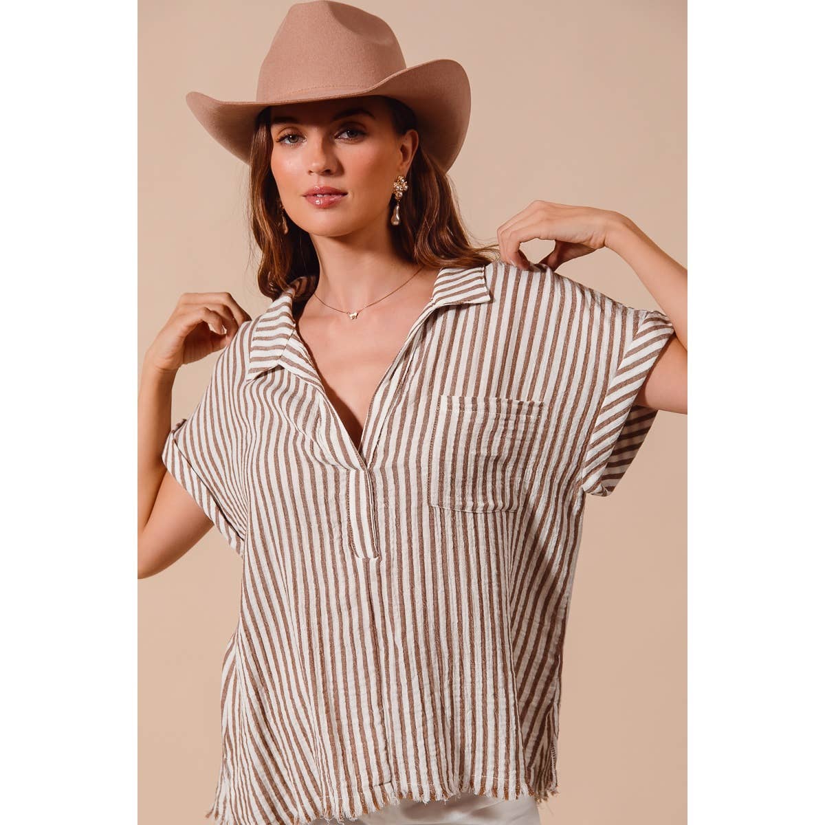 PLACKET DOLMAN STRIPE SHIRT BLOUSE TOP