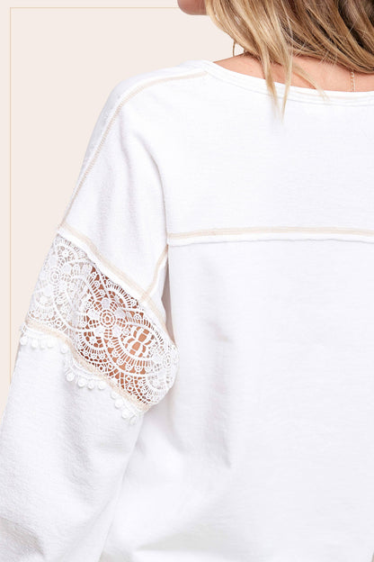 Embroidered Crochet V-neck Long Sleeve Top - Southern Sassy Boutique