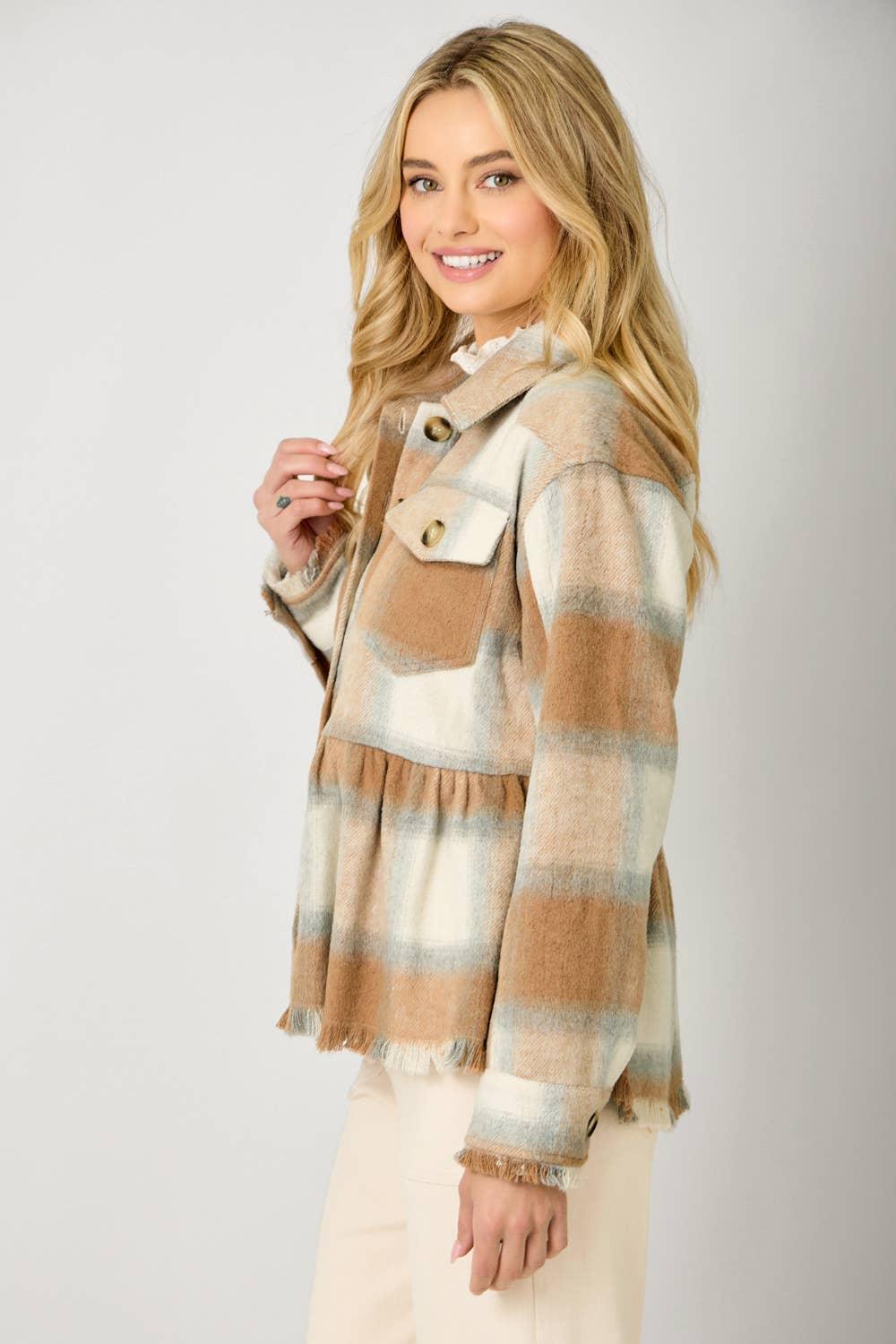 Peplum Fringe Plaid Jacket - Southern Sassy Boutique