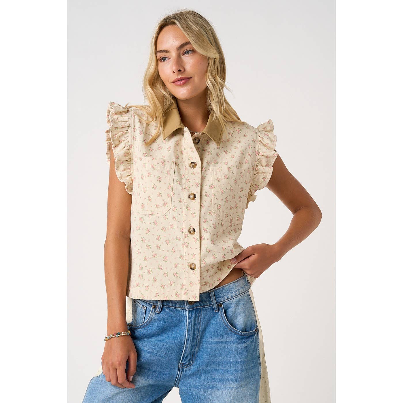 Floral Print with Ruffle sleeves Vest