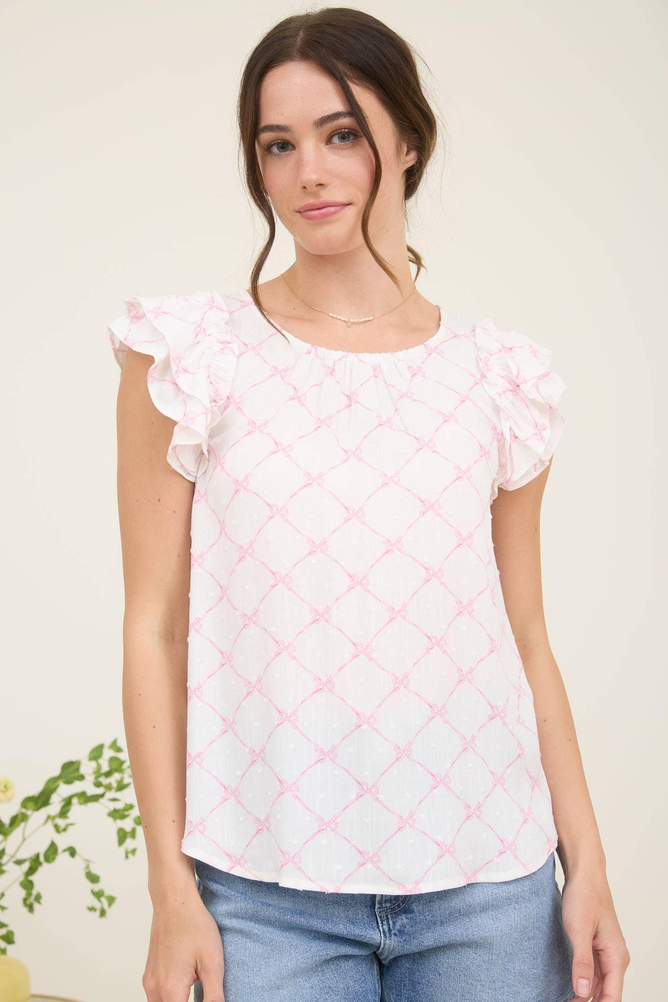 BOW CLIP DOT PATTERN RUFFLE SLEEVE BLOUSE - Southern Sassy Boutique