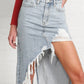 High Rise Distressed Denim Maxi Skirt