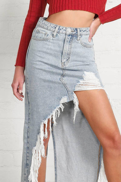 High Rise Distressed Denim Maxi Skirt - Southern Sassy Boutique