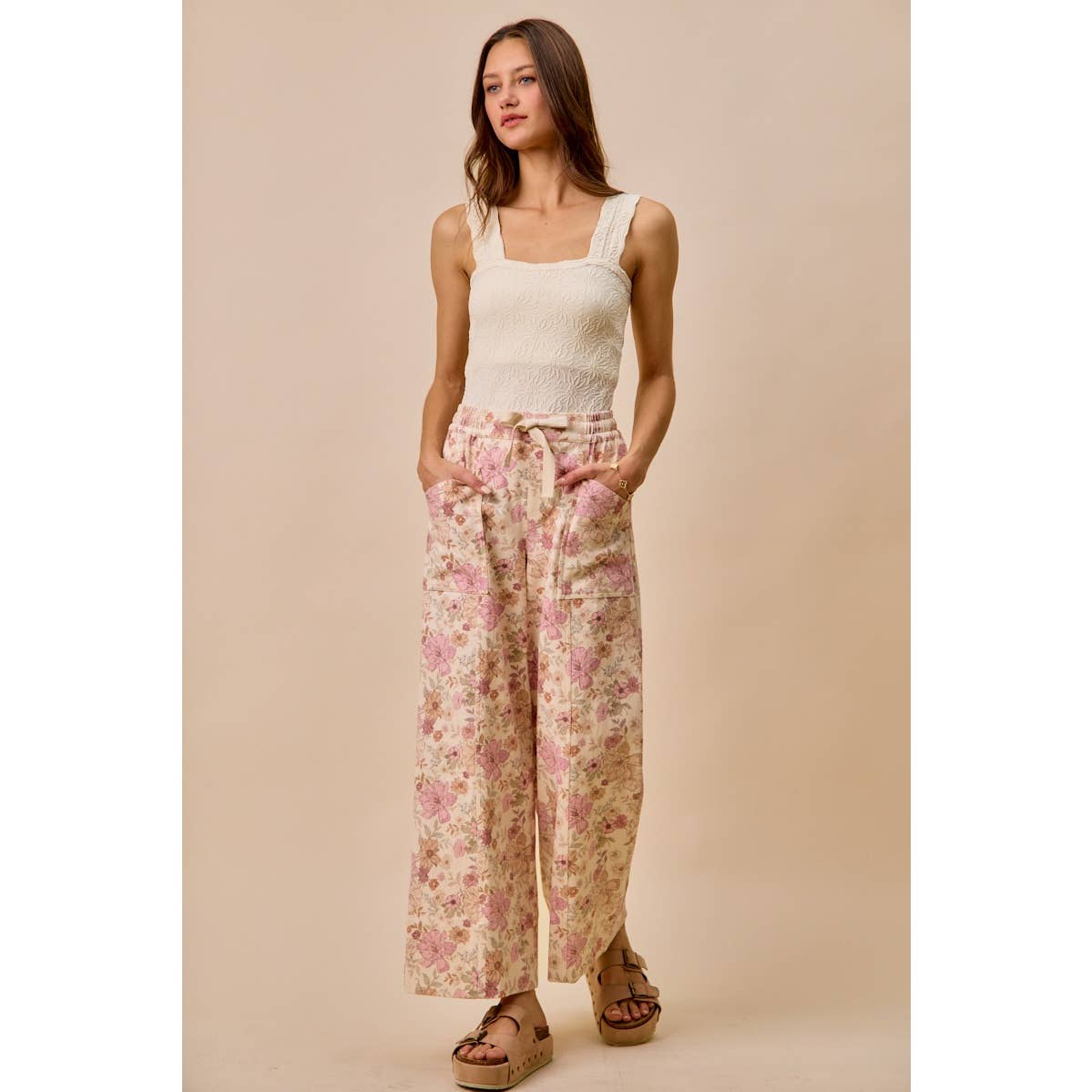 Floral Print Twill Wide Leg Pants