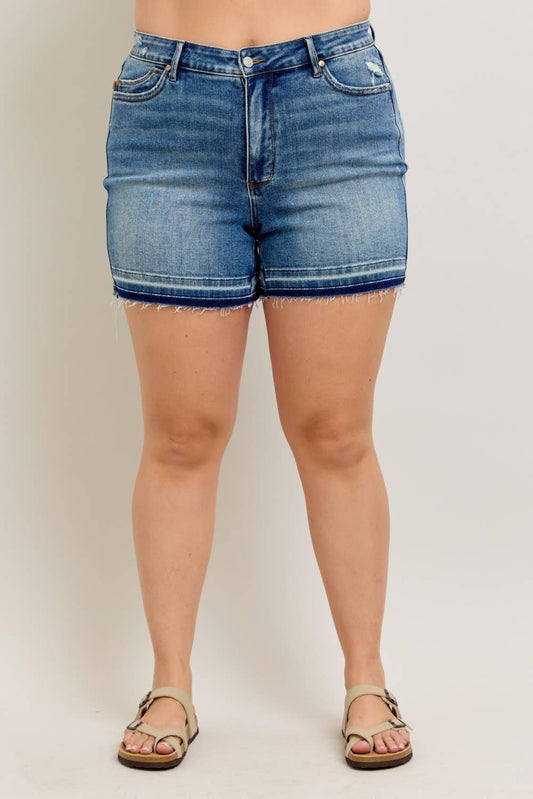 Mid Rise Tummy Control Vintage Wash Release Hem Shorts - PLUS